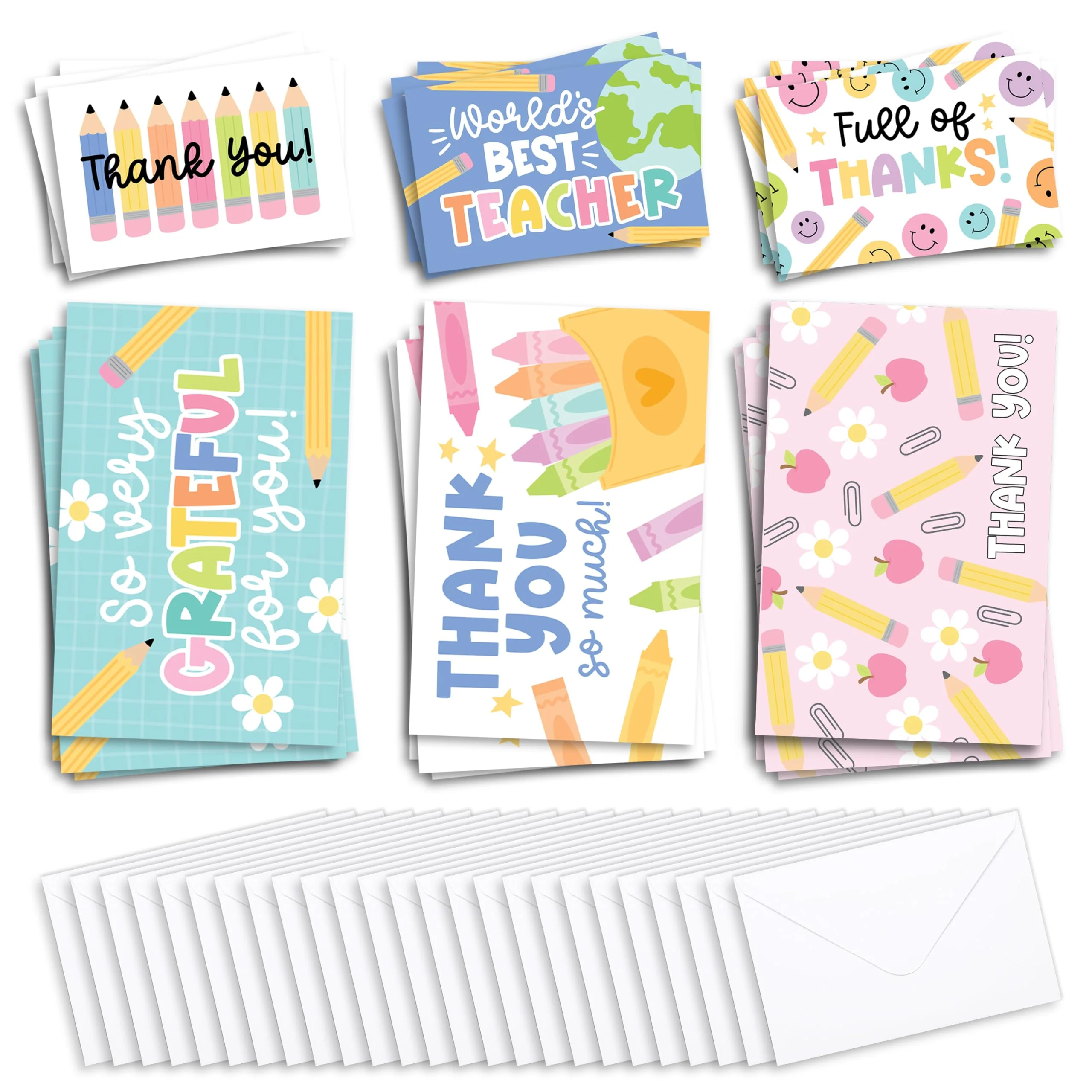 Hadley Designs Teacher Thank You Cards with Envelopes -24 Teacher Appreciation Cards Bulk, Cute Thank You Notes from Students, Teacher's Day End of School Year Christmas & Valentines Card for Teachers